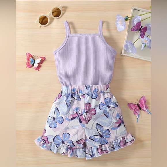 2pc Toddler Girls Purple Cami with Ruffled Butterfly Trim Hemmed Shorts - Picture 1 of 5